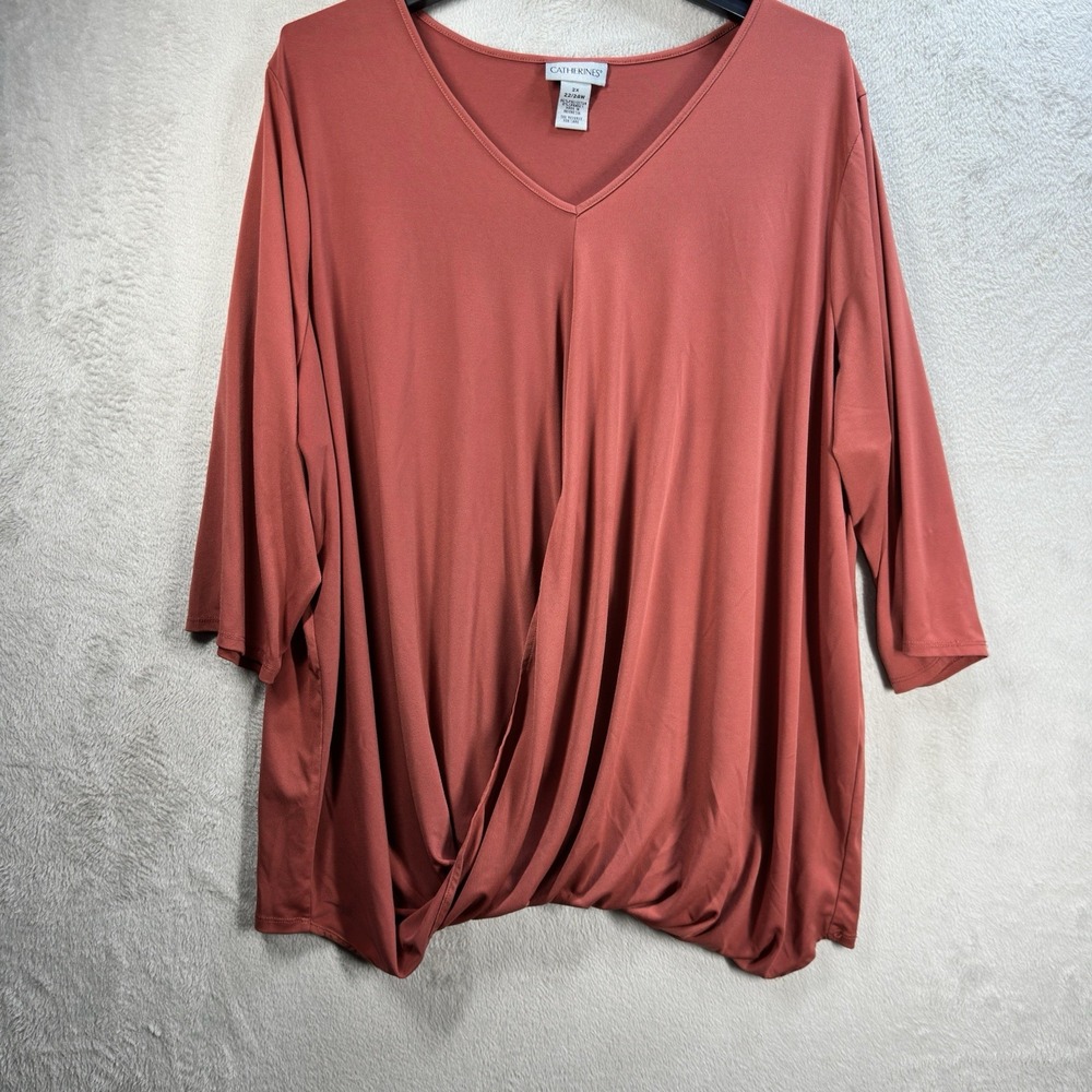 Catherine's Draped Front‎ Blouse Women's Plus 2X Elbow Sleeve Burnt Red Orange